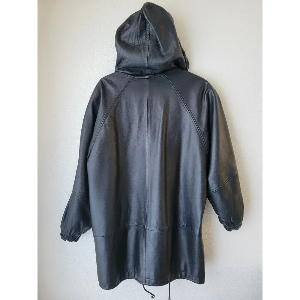 Winlit Vintage Black Leather Hooded Jacket S Longline 90s Y2K Streetwear